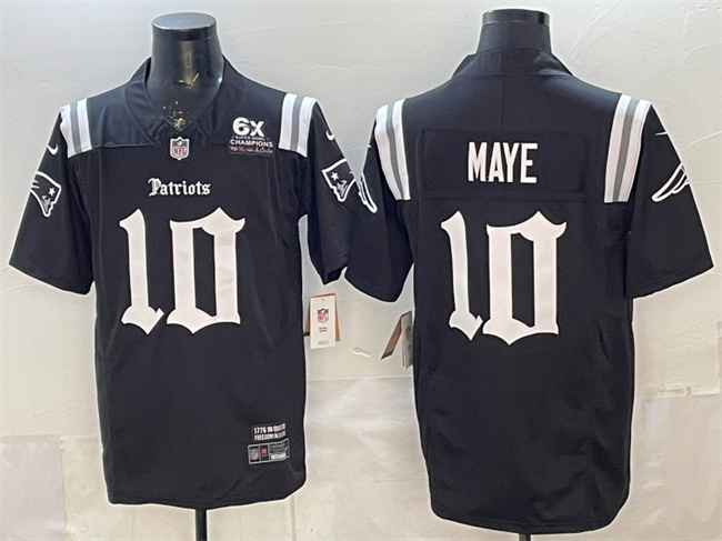 Men's New England Patriots #10 Drake Maye Black F.U.S.E. With 6x Super Bowl Champions Patch Gothic Revolution Edition Stitched Football Jersey Men's New England Patriots #10 Drake Maye Black F.U.S.E. With 6x Super Bowl Champions Patch Gothic Revolution Edition Stitched Football Jersey